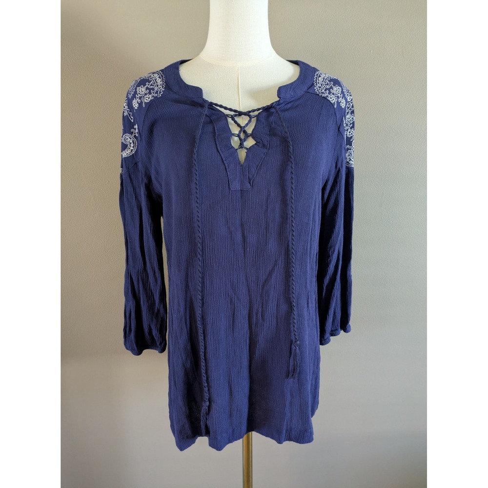 Umgee Navy Blue Paisley Embroidered Long Sleeve V-Neck Tie Front Tunic Top MED